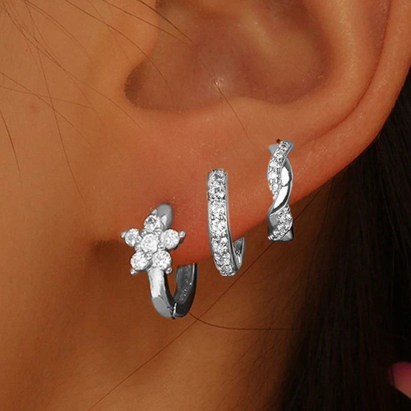 Ensemble de boucles d’oreilles à cerceaux Huggie en fleurs 3Pcs pour femmes M