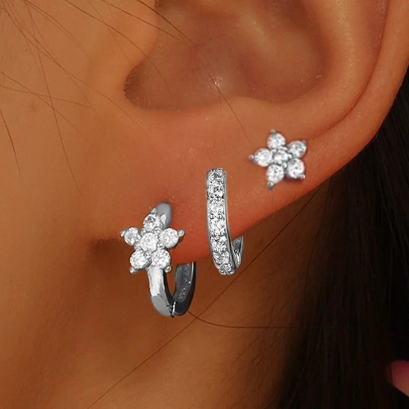 Ensemble de boucles d’oreilles à cerceaux Huggie en fleurs 3Pcs pour femmes M