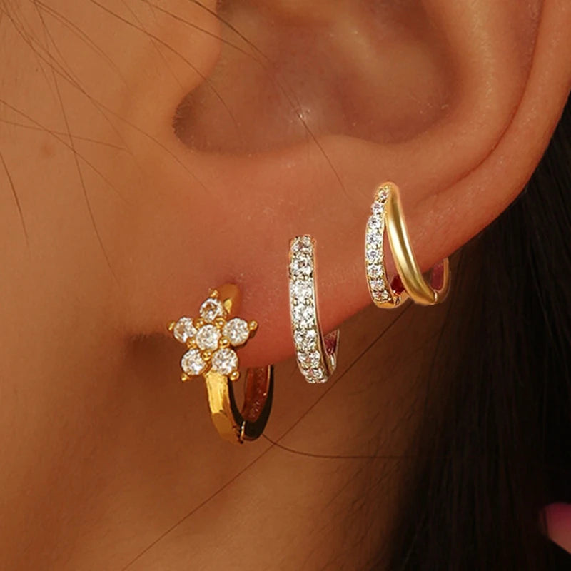 Ensemble de boucles d’oreilles à cerceaux Huggie en fleurs 3Pcs pour femmes M