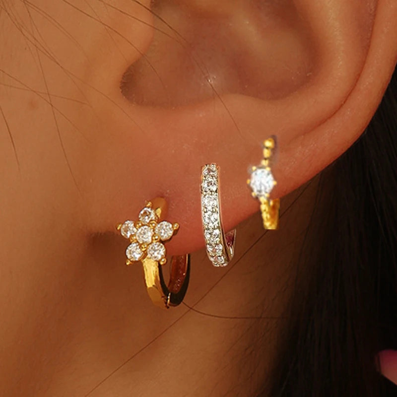 Ensemble de boucles d’oreilles à cerceaux Huggie en fleurs 3Pcs pour femmes M