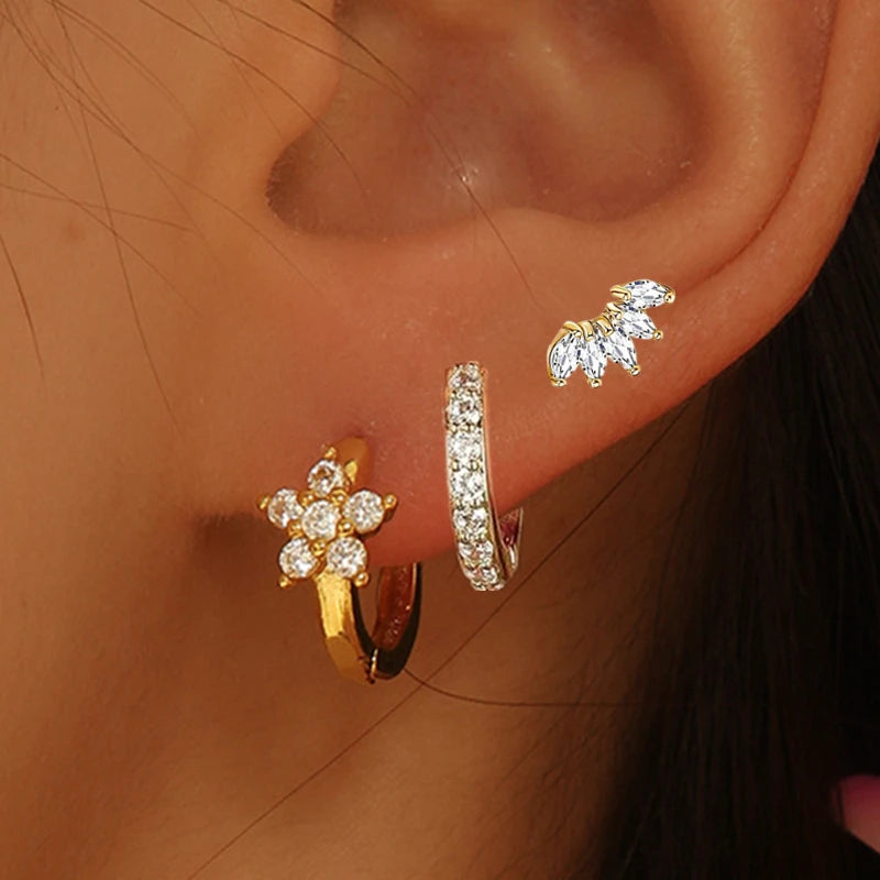 Ensemble de boucles d’oreilles à cerceaux Huggie en fleurs 3Pcs pour femmes M