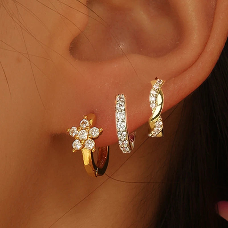Ensemble de boucles d’oreilles à cerceaux Huggie en fleurs 3Pcs pour femmes M