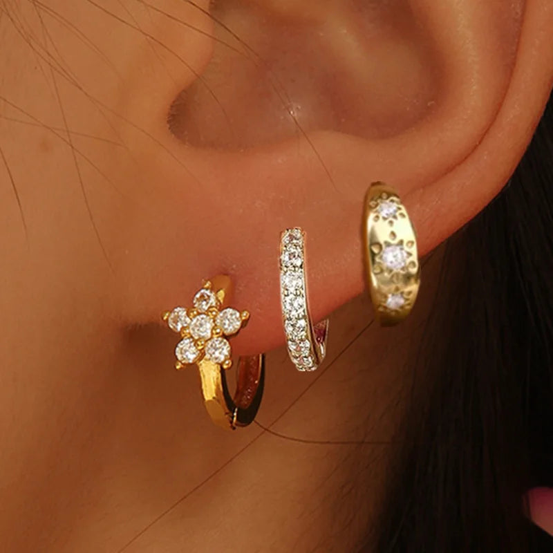 Ensemble de boucles d’oreilles à cerceaux Huggie en fleurs 3Pcs pour femmes M