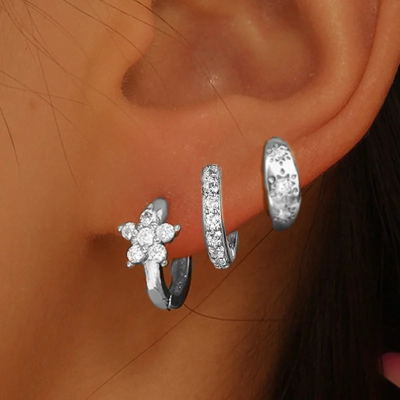 Ensemble de boucles d’oreilles à cerceaux Huggie en fleurs 3Pcs pour femmes M