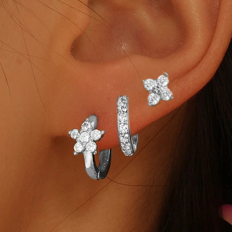 Ensemble de boucles d’oreilles à cerceaux Huggie en fleurs 3Pcs pour femmes M