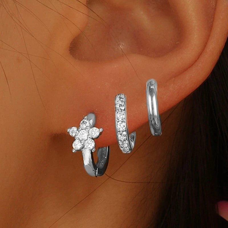Ensemble de boucles d’oreilles à cerceaux Huggie en fleurs 3Pcs pour femmes M