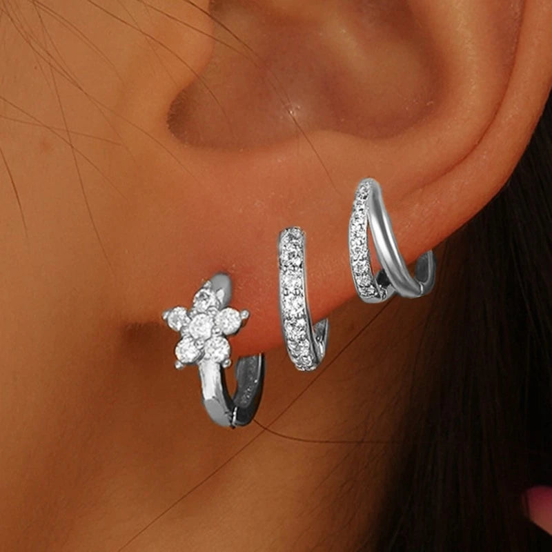 Ensemble de boucles d’oreilles à cerceaux Huggie en fleurs 3Pcs pour femmes M
