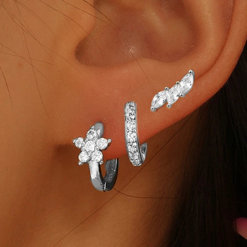 Ensemble de boucles d’oreilles à cerceaux Huggie en fleurs 3Pcs pour femmes M
