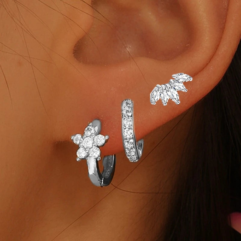 Ensemble de boucles d’oreilles à cerceaux Huggie en fleurs 3Pcs pour femmes M